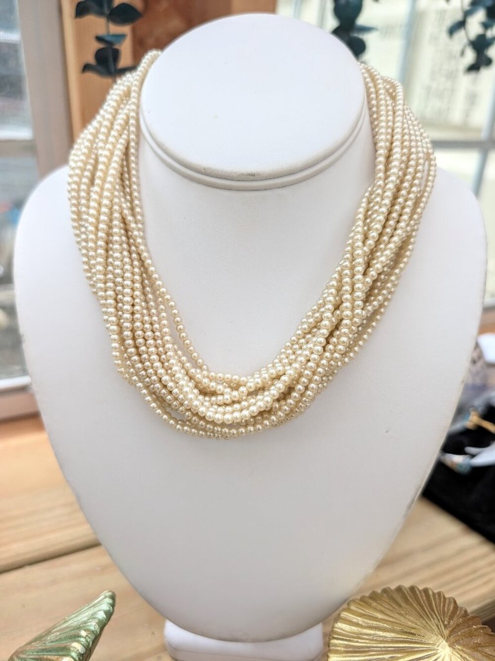 1960's Multi-Strand Faux Pearl Statement Necklace with Rhinestone Clasp